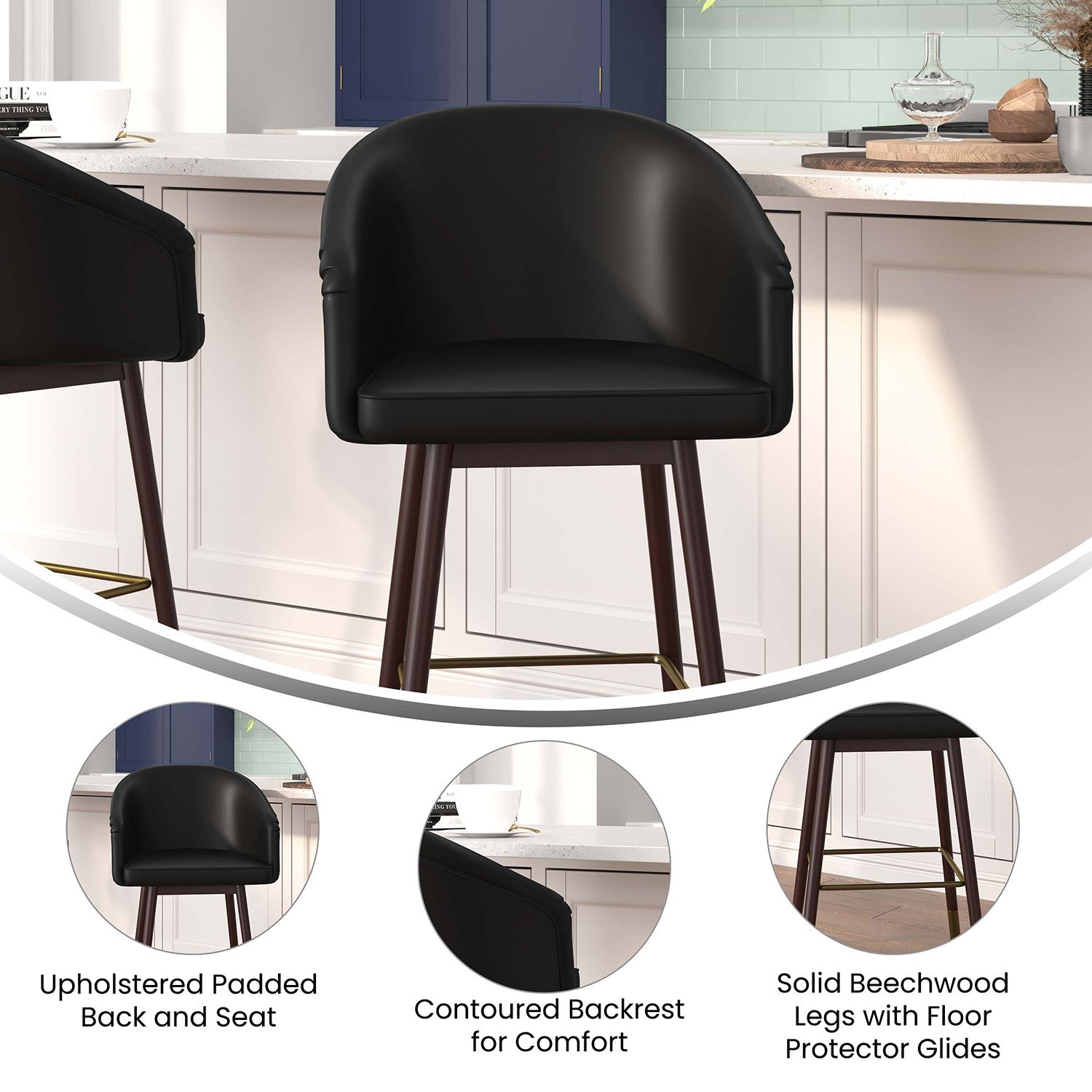 BLNK Margo Commercial LeatherSoft Mid-Back Modern Counter Stool with Walnut Finish Beechwood Legs and Contoured Back Set of 2 - Black