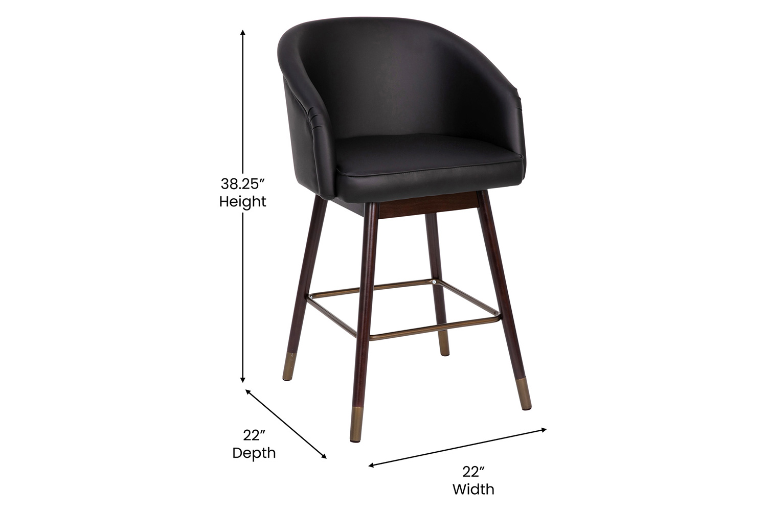 BLNK Margo Commercial LeatherSoft Mid-Back Modern Counter Stool with Walnut Finish Beechwood Legs and Contoured Back Set of 2 - Black