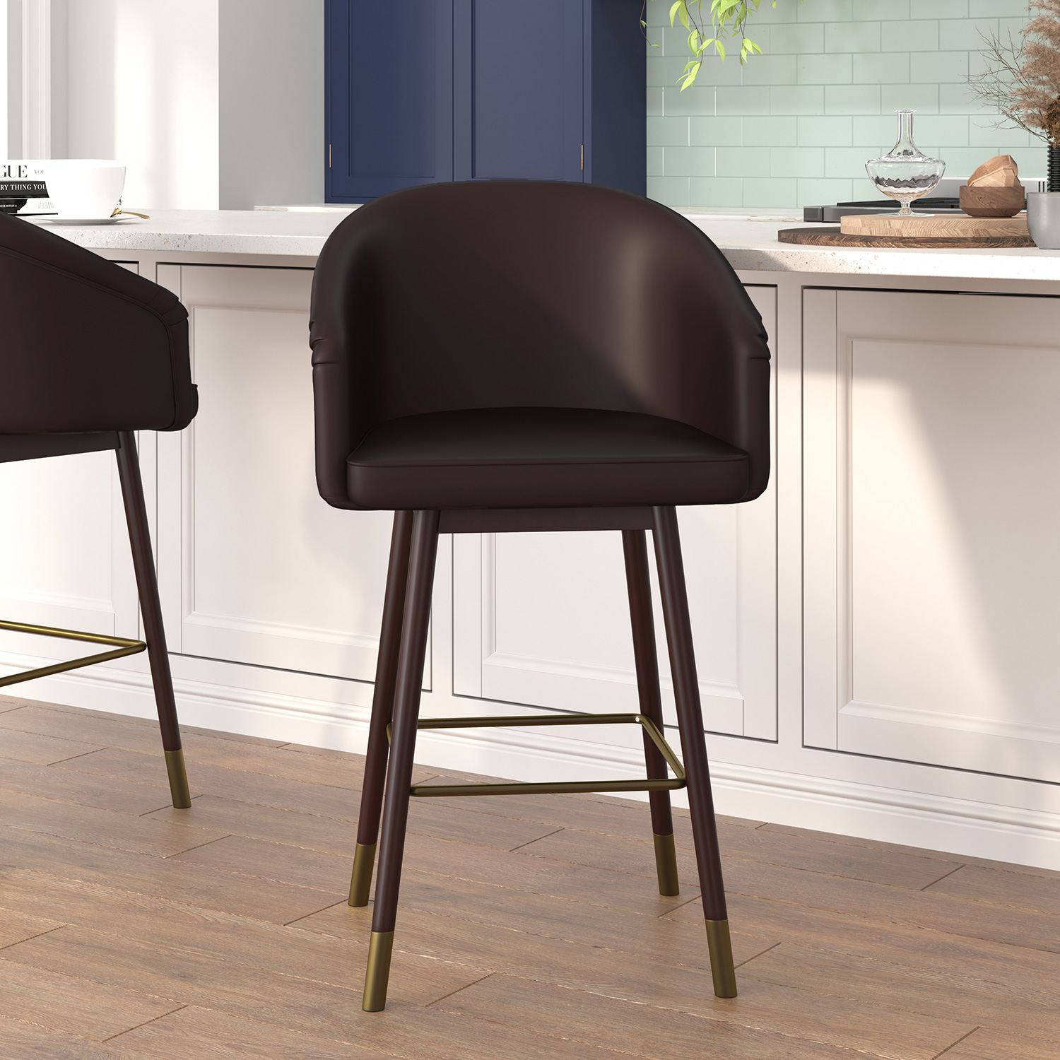 BLNK Margo Commercial LeatherSoft Mid-Back Modern Counter Stool with Walnut Finish Beechwood Legs and Contoured Back Set of 2