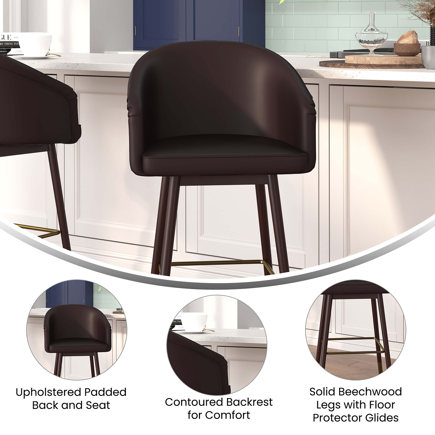 BLNK Margo Commercial LeatherSoft Mid-Back Modern Counter Stool with Walnut Finish Beechwood Legs and Contoured Back Set of 2 - Brown