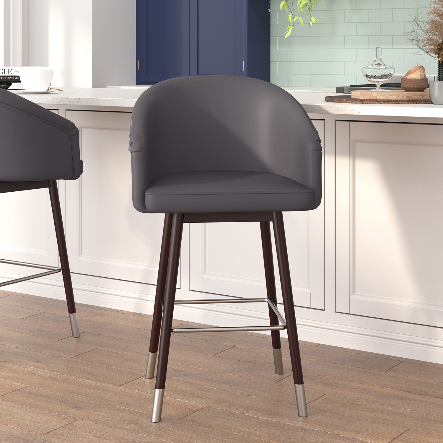 BLNK Margo Commercial LeatherSoft Mid-Back Modern Counter Stool with Walnut Finish Beechwood Legs and Contoured Back Set of 2