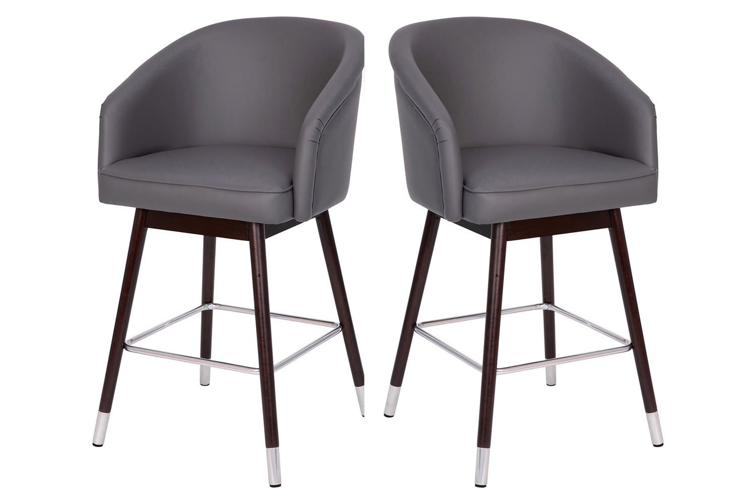 BLNK Margo Commercial LeatherSoft Mid-Back Modern Counter Stool with Walnut Finish Beechwood Legs and Contoured Back Set of 2 - Gray