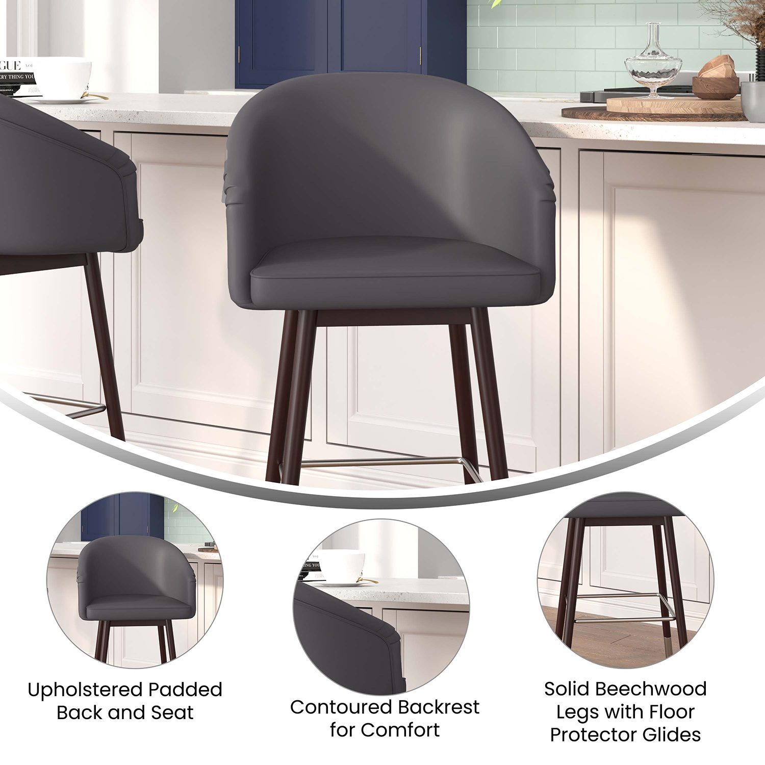 BLNK Margo Commercial LeatherSoft Mid-Back Modern Counter Stool with Walnut Finish Beechwood Legs and Contoured Back Set of 2 - Gray