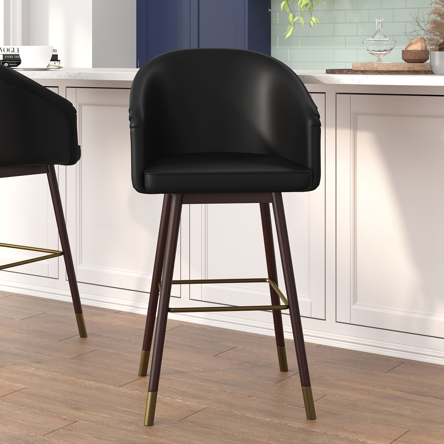 BLNK Margo Commercial LeatherSoft Mid-Back Modern Bar Stool with Walnut Finish Beechwood Legs and Curved Back Set of 2