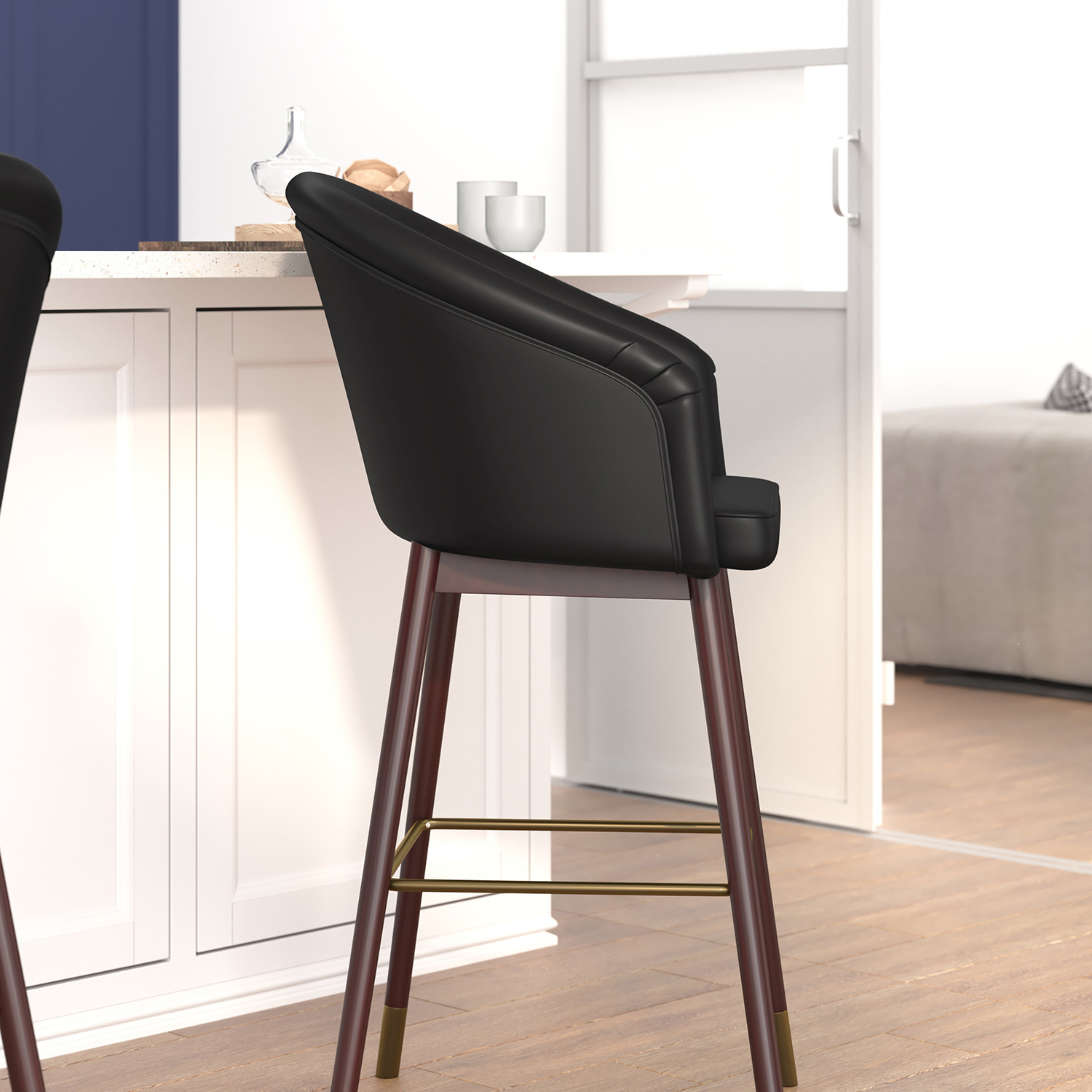 BLNK Margo Commercial LeatherSoft Mid-Back Modern Bar Stool with Walnut Finish Beechwood Legs and Curved Back Set of 2 - Black