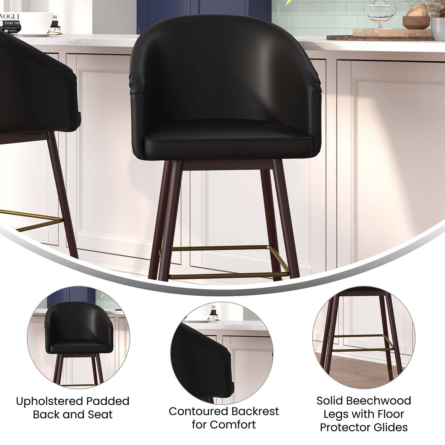 BLNK Margo Commercial LeatherSoft Mid-Back Modern Bar Stool with Walnut Finish Beechwood Legs and Curved Back Set of 2 - Black