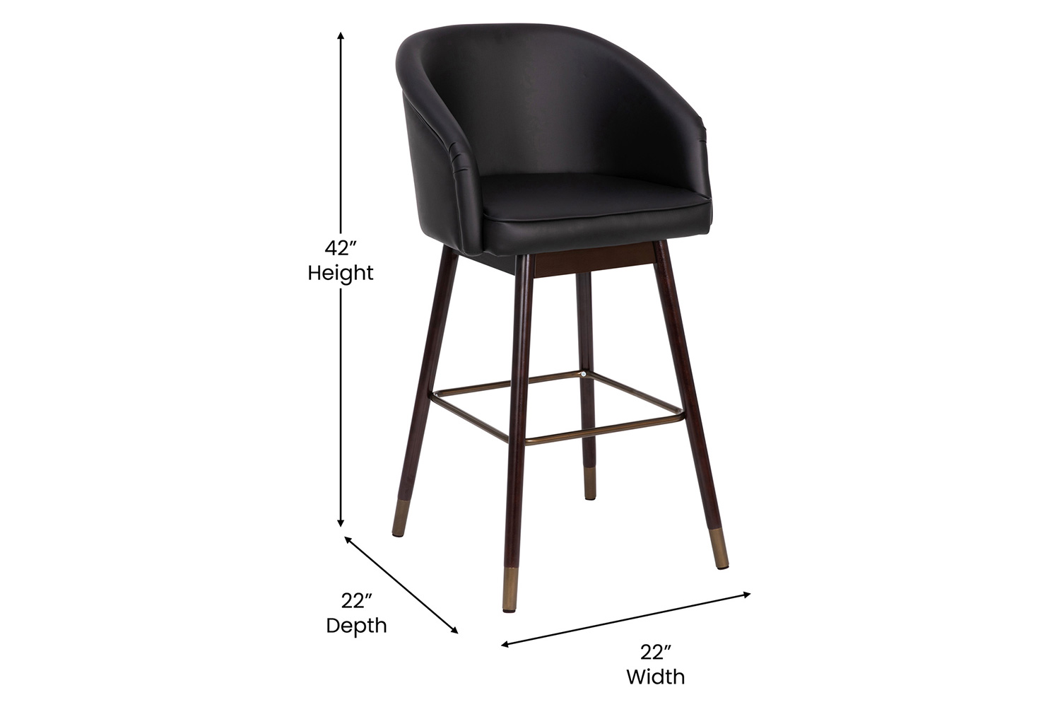 BLNK Margo Commercial LeatherSoft Mid-Back Modern Bar Stool with Walnut Finish Beechwood Legs and Curved Back Set of 2 - Black