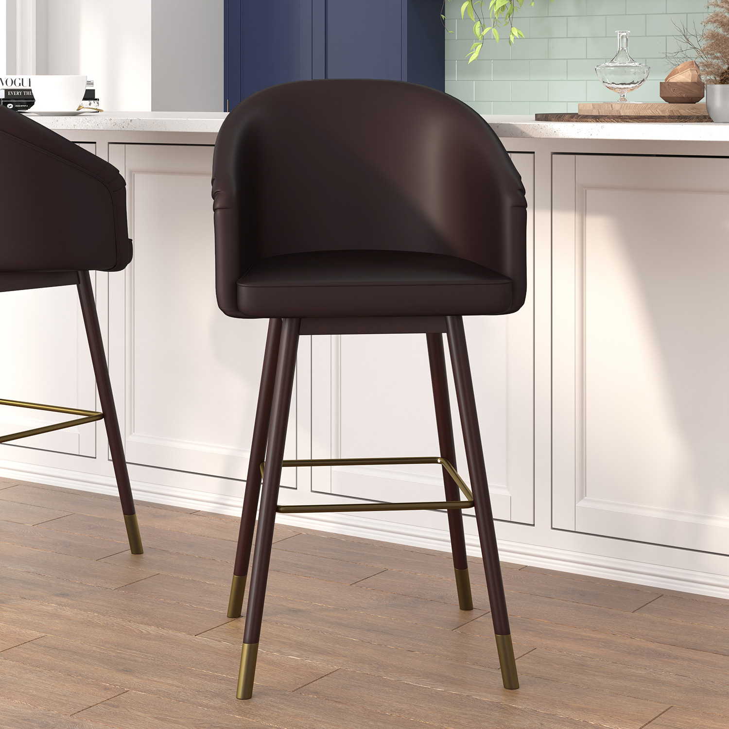 BLNK Margo Commercial LeatherSoft Mid-Back Modern Bar Stool with Walnut Finish Beechwood Legs and Curved Back Set of 2