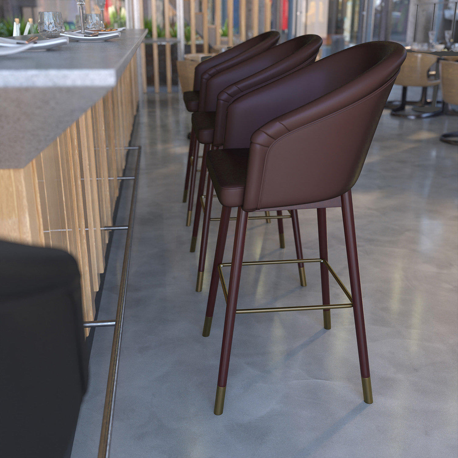 BLNK Margo Commercial LeatherSoft Mid-Back Modern Bar Stool with Walnut Finish Beechwood Legs and Curved Back Set of 2 - Brown