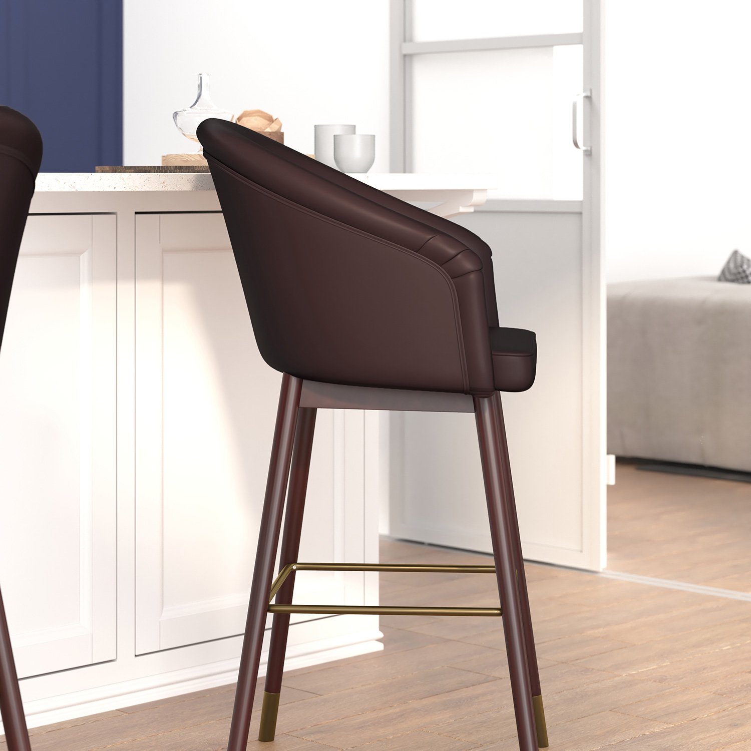 BLNK Margo Commercial LeatherSoft Mid-Back Modern Bar Stool with Walnut Finish Beechwood Legs and Curved Back Set of 2 - Brown