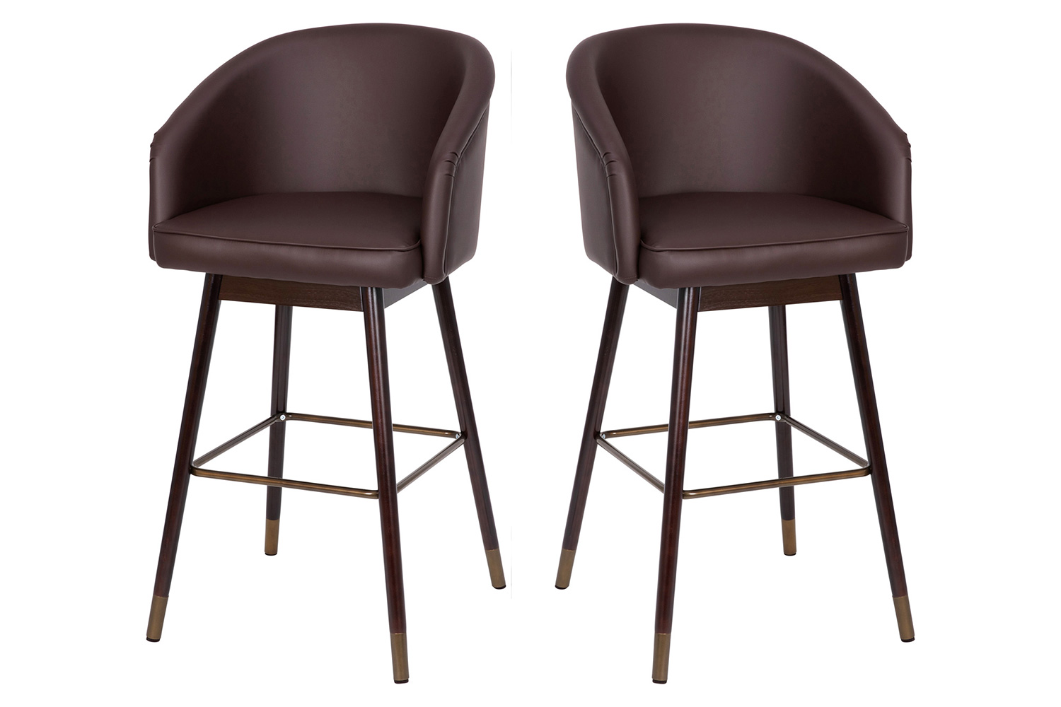 BLNK Margo Commercial LeatherSoft Mid-Back Modern Bar Stool with Walnut Finish Beechwood Legs and Curved Back Set of 2 - Brown