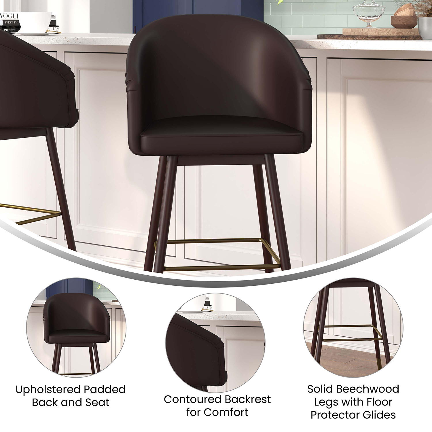 BLNK Margo Commercial LeatherSoft Mid-Back Modern Bar Stool with Walnut Finish Beechwood Legs and Curved Back Set of 2 - Brown