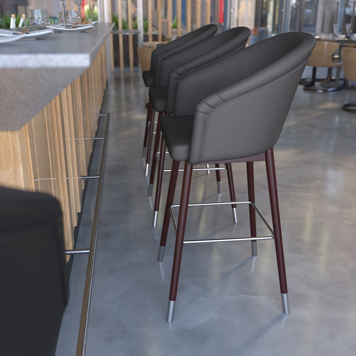 BLNK Margo Commercial LeatherSoft Mid-Back Modern Bar Stool with Walnut Finish Beechwood Legs and Curved Back Set of 2