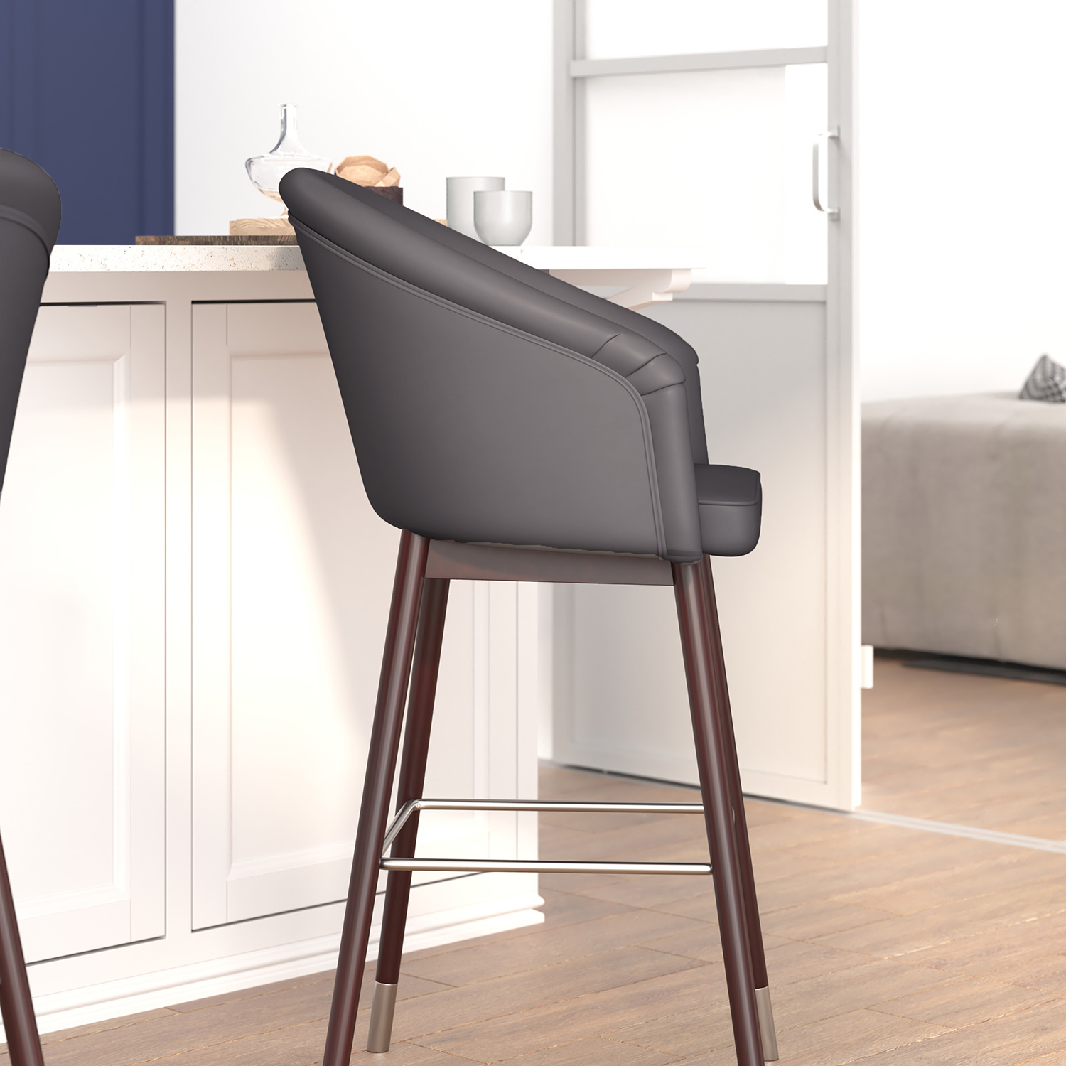 BLNK Margo Commercial LeatherSoft Mid-Back Modern Bar Stool with Walnut Finish Beechwood Legs and Curved Back Set of 2 - Gray