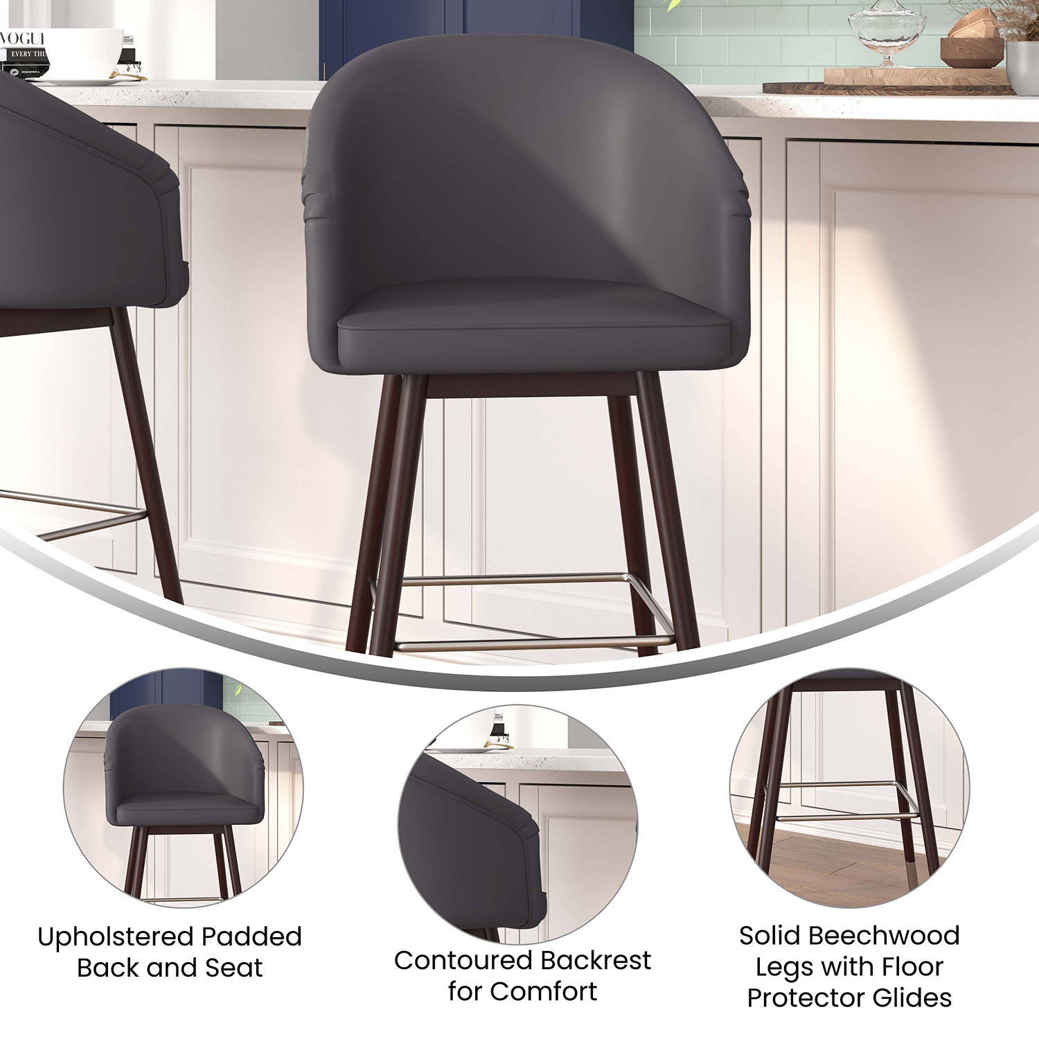 BLNK Margo Commercial LeatherSoft Mid-Back Modern Bar Stool with Walnut Finish Beechwood Legs and Curved Back Set of 2 - Gray