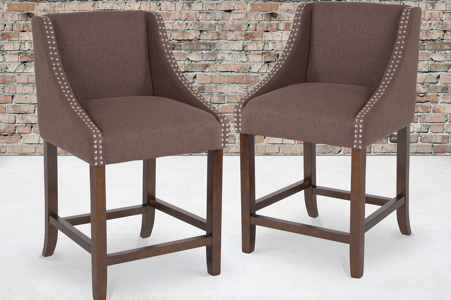 BLNK Carmel Series Fabric Transitional Walnut Counter Height Stool with Nail Trim Set of 2