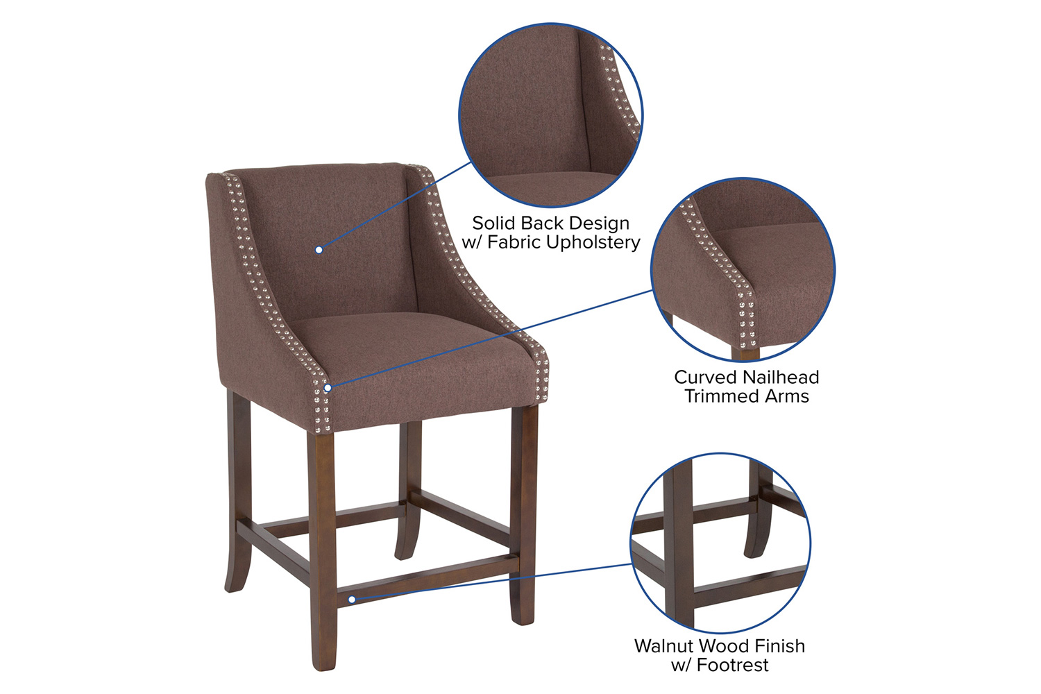 BLNK Carmel Series Fabric Transitional Walnut Counter Height Stool with Nail Trim Set of 2 - Brown