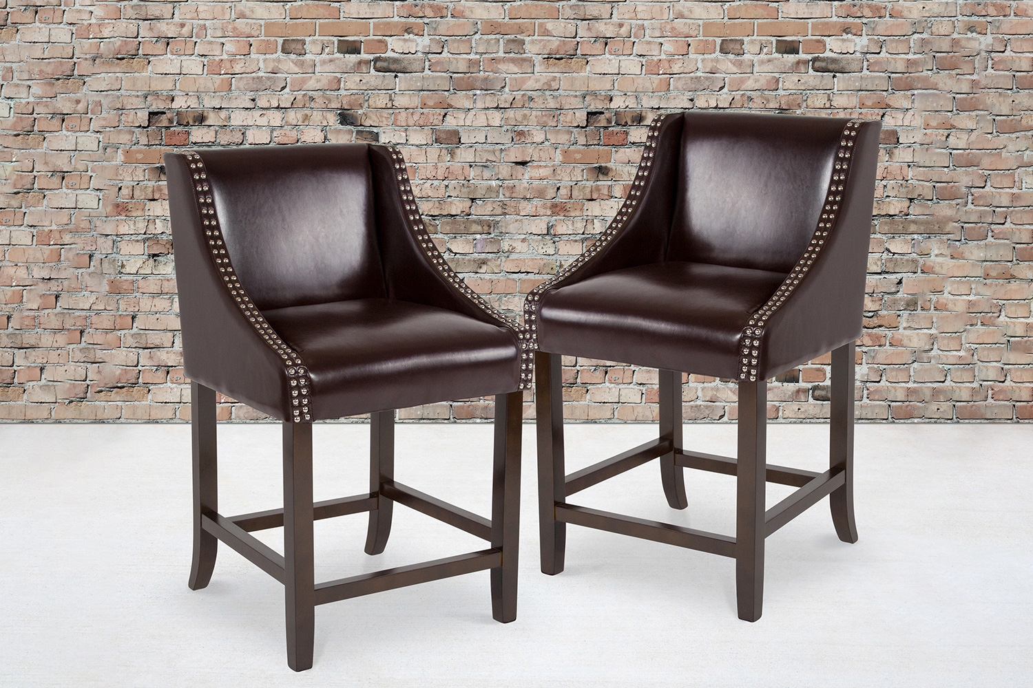 BLNK Carmel Series LeatherSoft Transitional Walnut Counter Height Stool with Nail Trim Set of 2