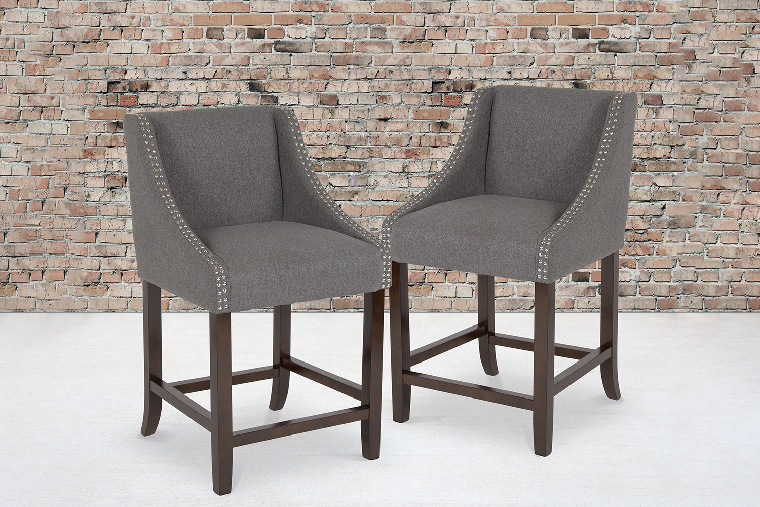 BLNK Carmel Series Fabric Transitional Walnut Counter Height Stool with Nail Trim Set of 2