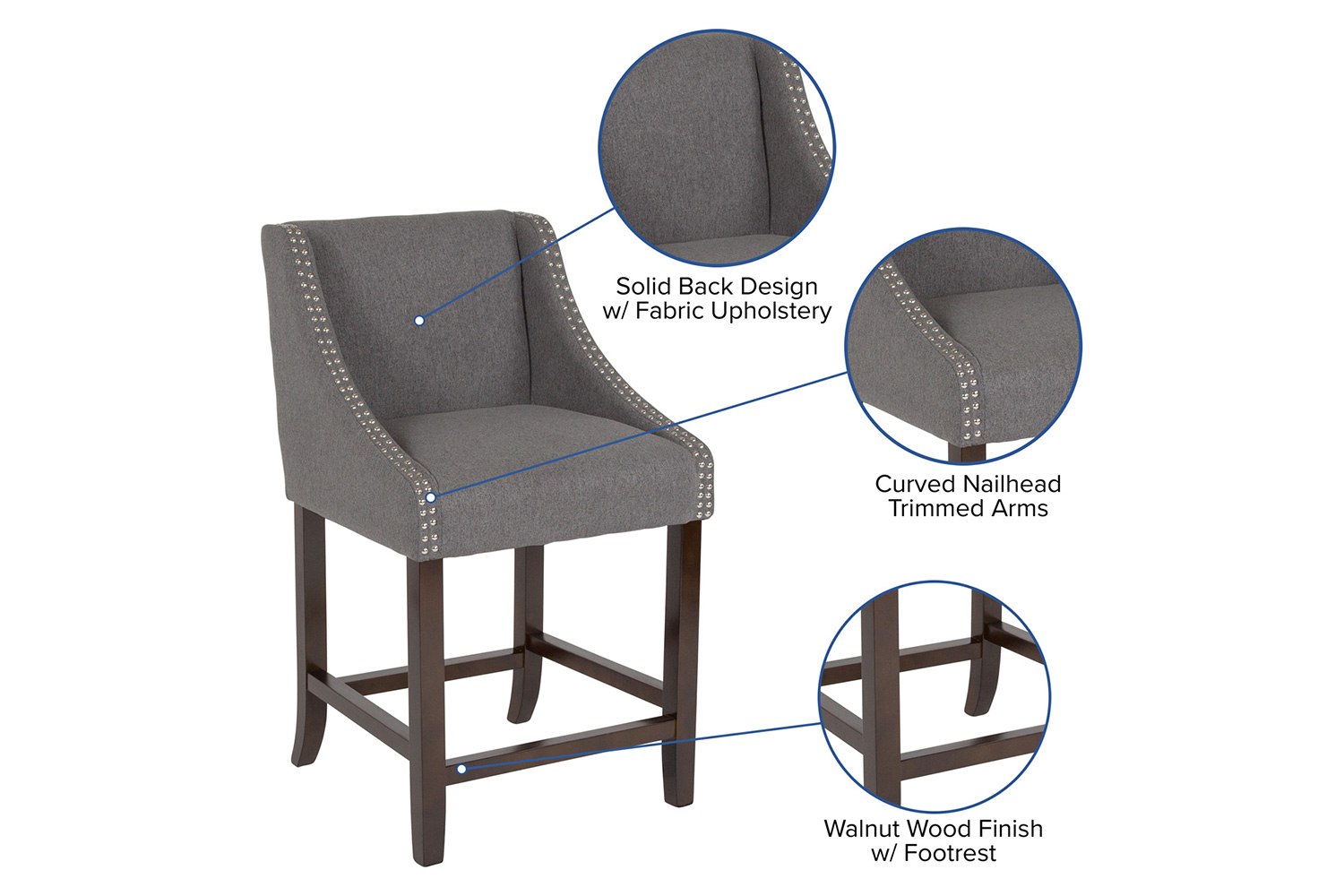 BLNK Carmel Series Fabric Transitional Walnut Counter Height Stool with Nail Trim Set of 2 - Dark Gray