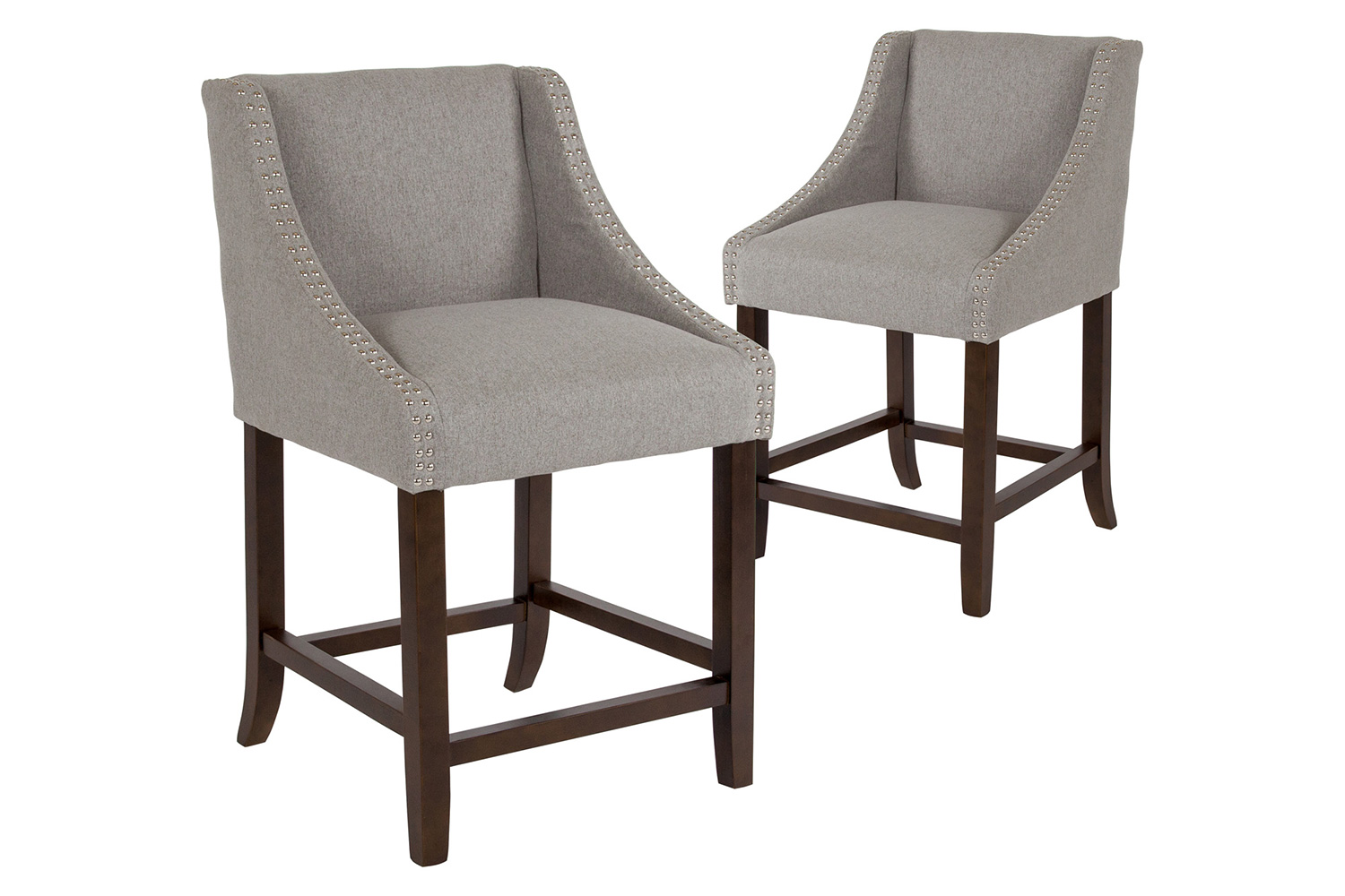 BLNK Carmel Series Fabric Transitional Walnut Counter Height Stool with Nail Trim Set of 2 - Light Gray