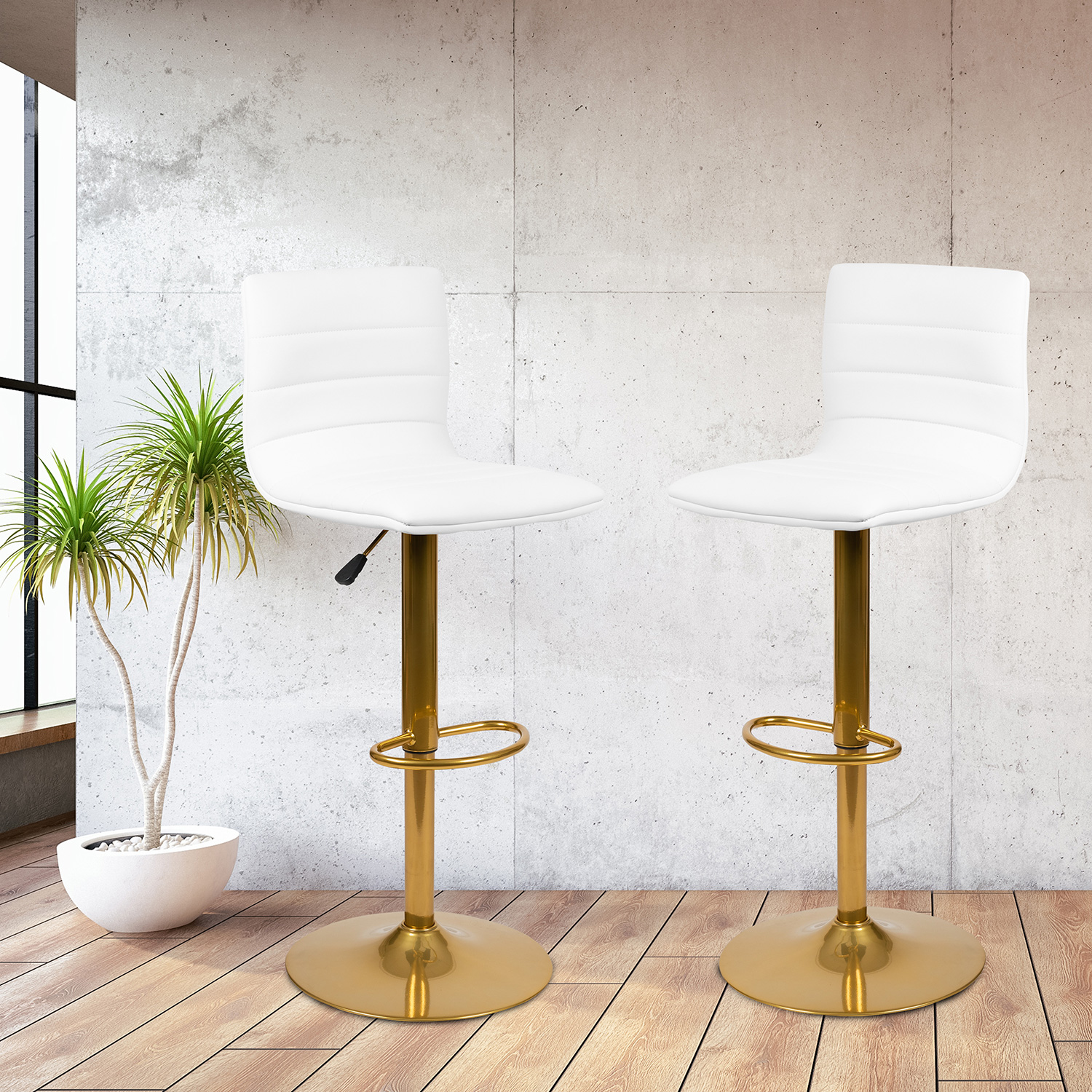 BLNK Vincent Vinyl Adjustable Counter Height Swivel Bar Stool with Back and Gold Pedestal Base Set of 2