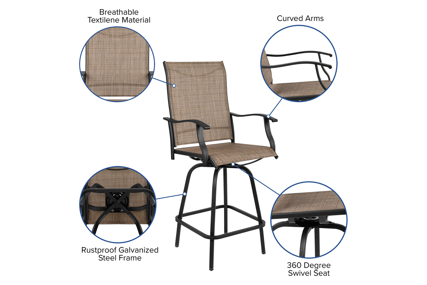 BLNK Valerie All-Weather Swivel Textilene Patio Bar Height Stools with High Back and Armrests Set of 2 - Brown