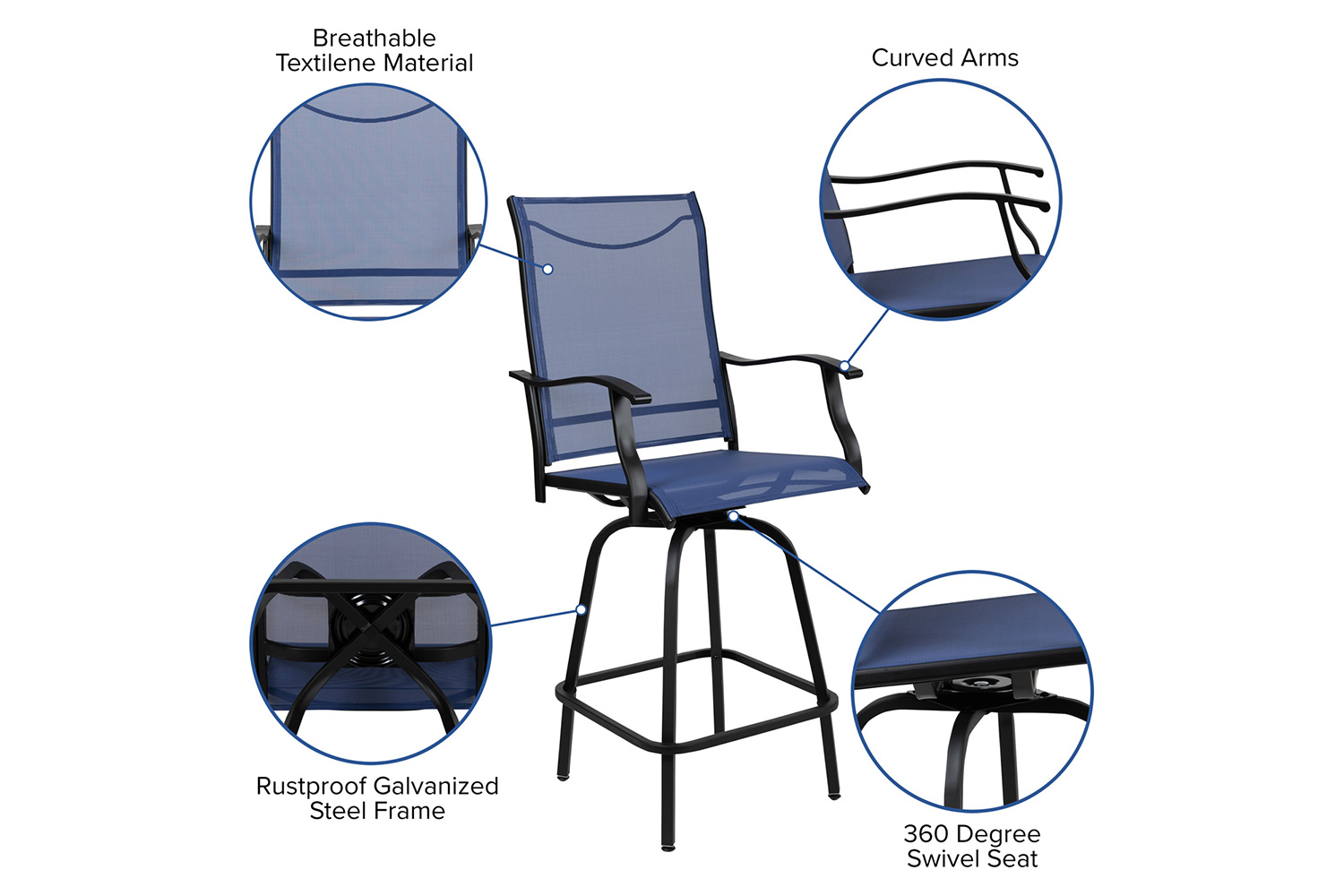 BLNK Valerie All-Weather Swivel Textilene Patio Bar Height Stools with High Back and Armrests Set of 2 - Navy