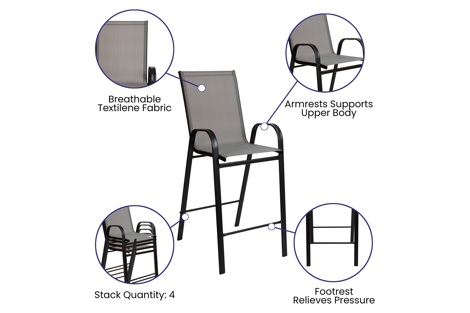 BLNK Brazos Outdoor Bar Stools with Flex Comfort Material and Metal Frame 2 Pack - Gray