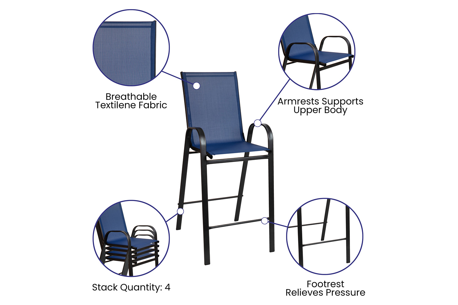 BLNK Brazos Outdoor Bar Stools with Flex Comfort Material and Metal Frame 2 Pack - Navy