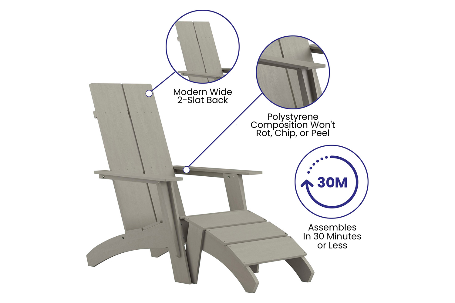 BLNK Sawyer All-Weather Poly Resin Wood Adirondack Chairs with Foot Rests Set of 2 - Gray