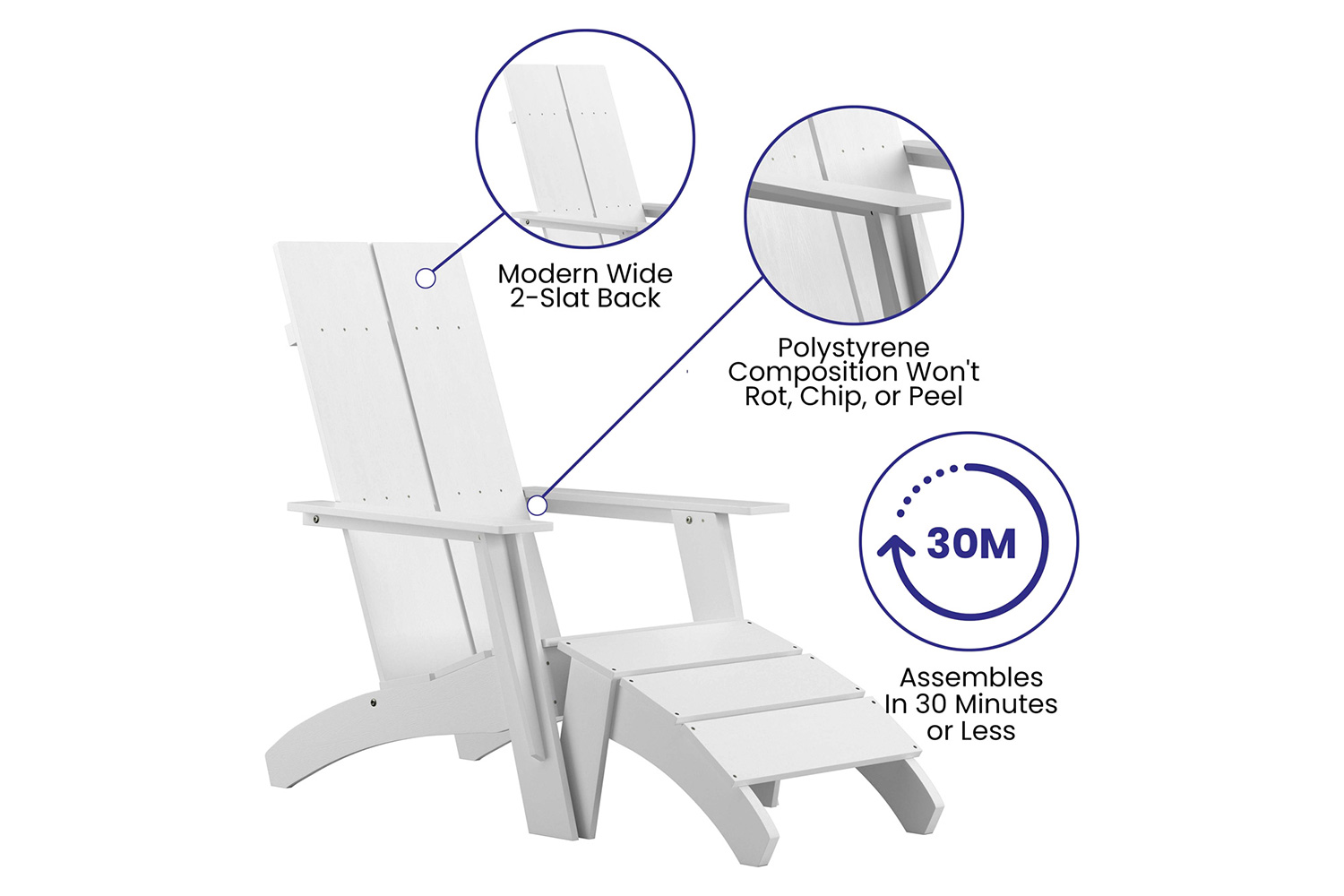 BLNK Sawyer All-Weather Poly Resin Wood Adirondack Chairs with Foot Rests Set of 2 - White