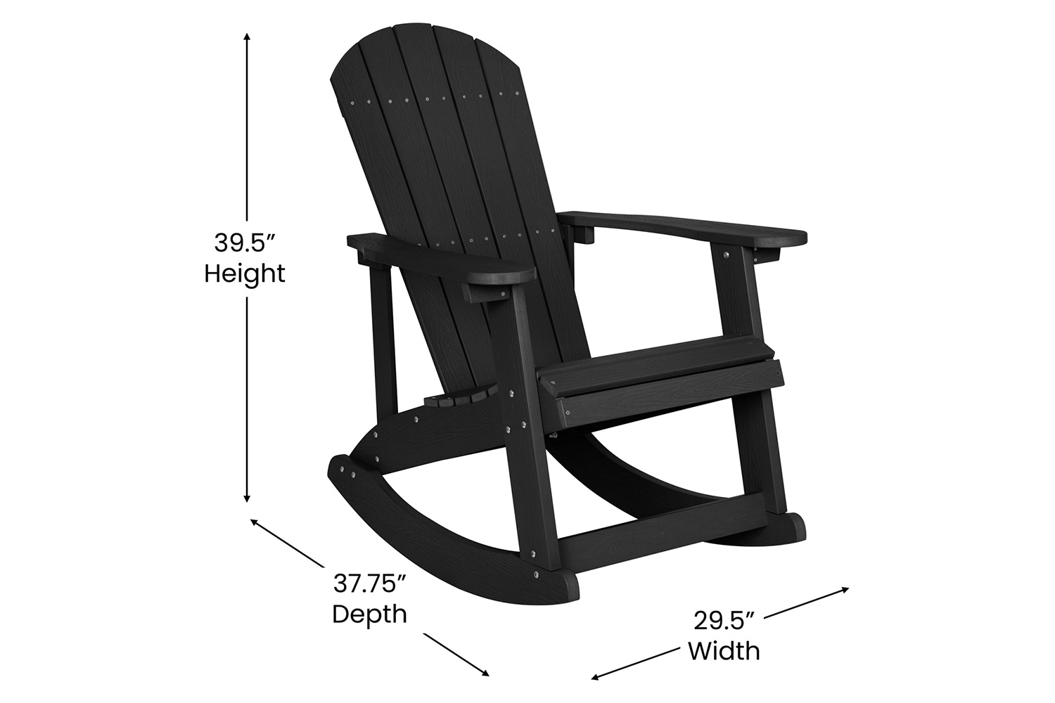 BLNK Savannah Poly Resin Wood All-Weather Adirondack Rocking Chairs with Gray Cushions for Deck, Porch, and Patio Set of 2 - Black