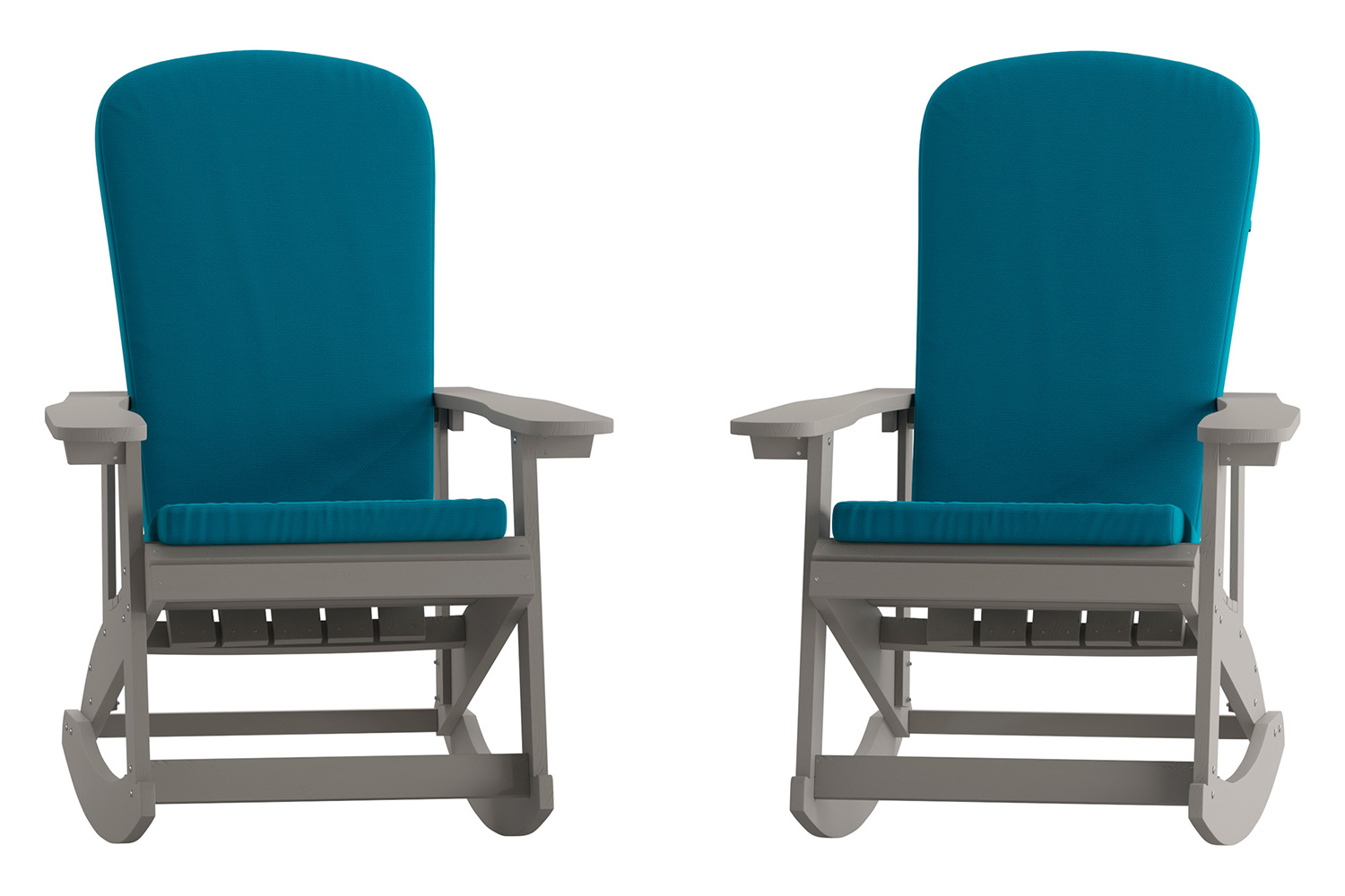 BLNK Savannah Poly Resin Wood All-Weather Adirondack Rocking Chairs with Teal Cushions for Deck, Porch, and Patio Set of 2 - Gray