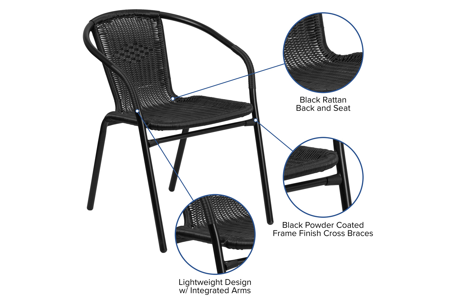 BLNK Lila Indoor-Outdoor Rattan Restaurant Stack Chair 2 Pack - Black