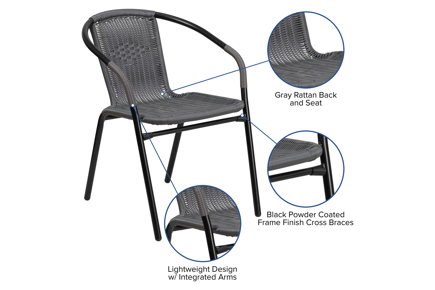 BLNK Lila Indoor-Outdoor Rattan Restaurant Stack Chair 2 Pack - Gray