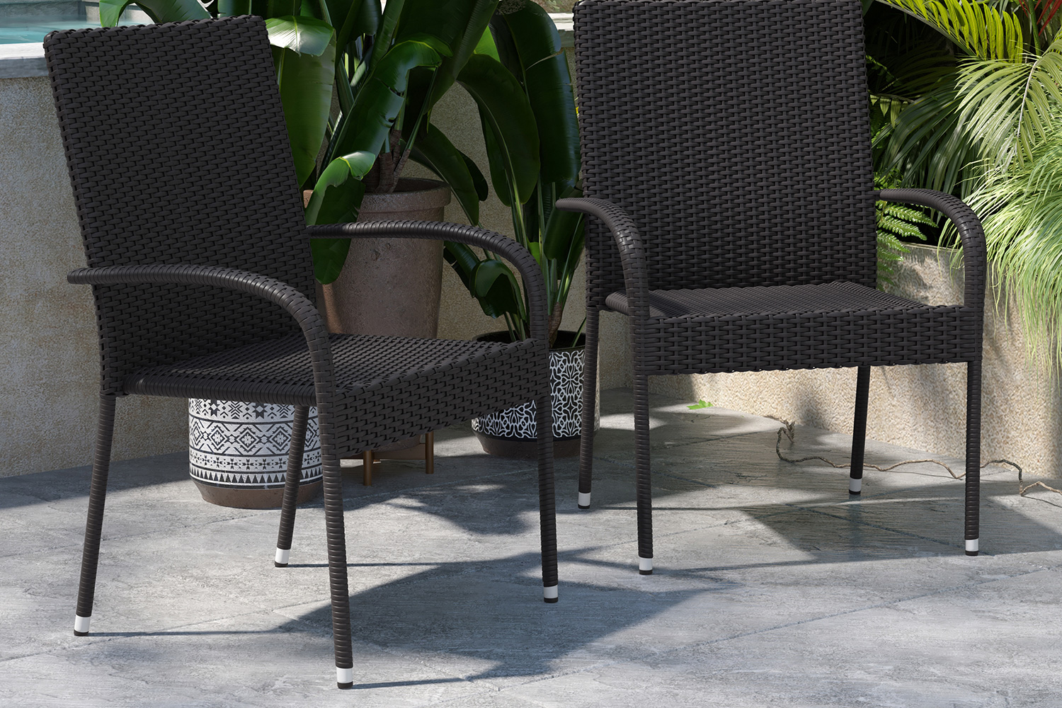 BLNK Maxim Stackable Indoor-Outdoor Wicker Dining Chairs with Arms Set of 2 - Black