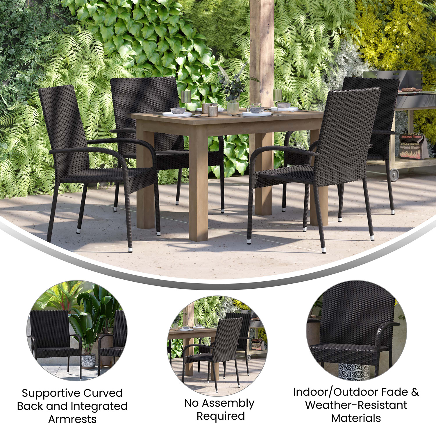 BLNK Maxim Stackable Indoor-Outdoor Wicker Dining Chairs with Arms Set of 2 - Black