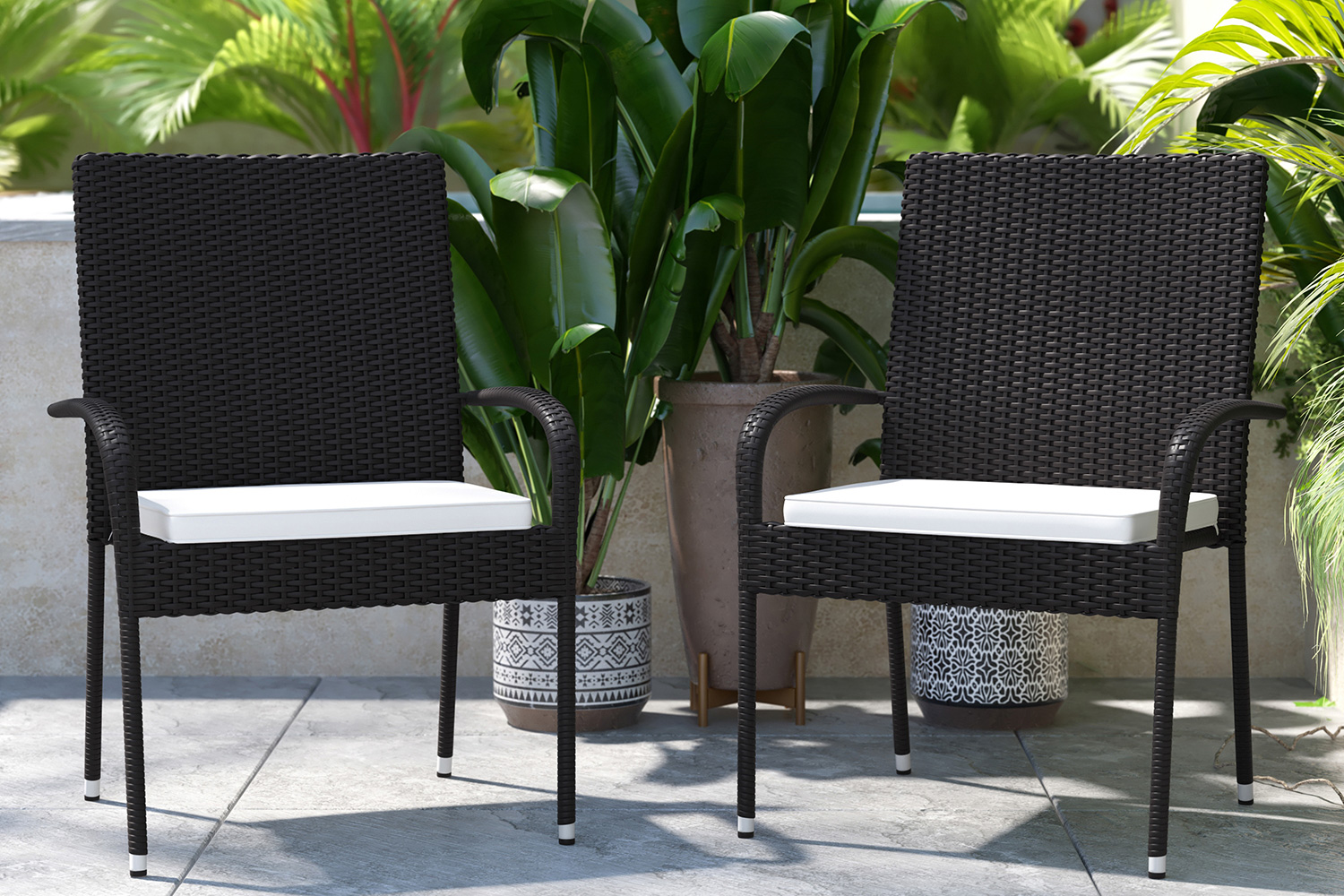 BLNK Maxim Stackable Indoor-Outdoor Wicker Dining Chairs with Cream Seat Cushions Set of 2