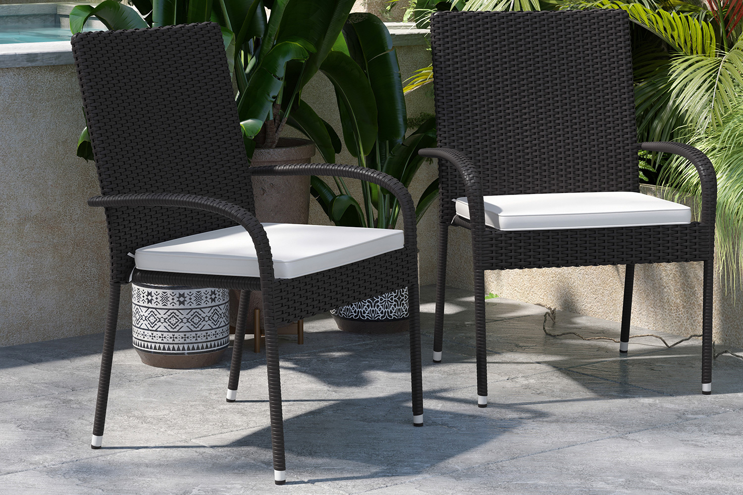 BLNK Maxim Stackable Indoor-Outdoor Wicker Dining Chairs with Cream Seat Cushions Set of 2 - Black