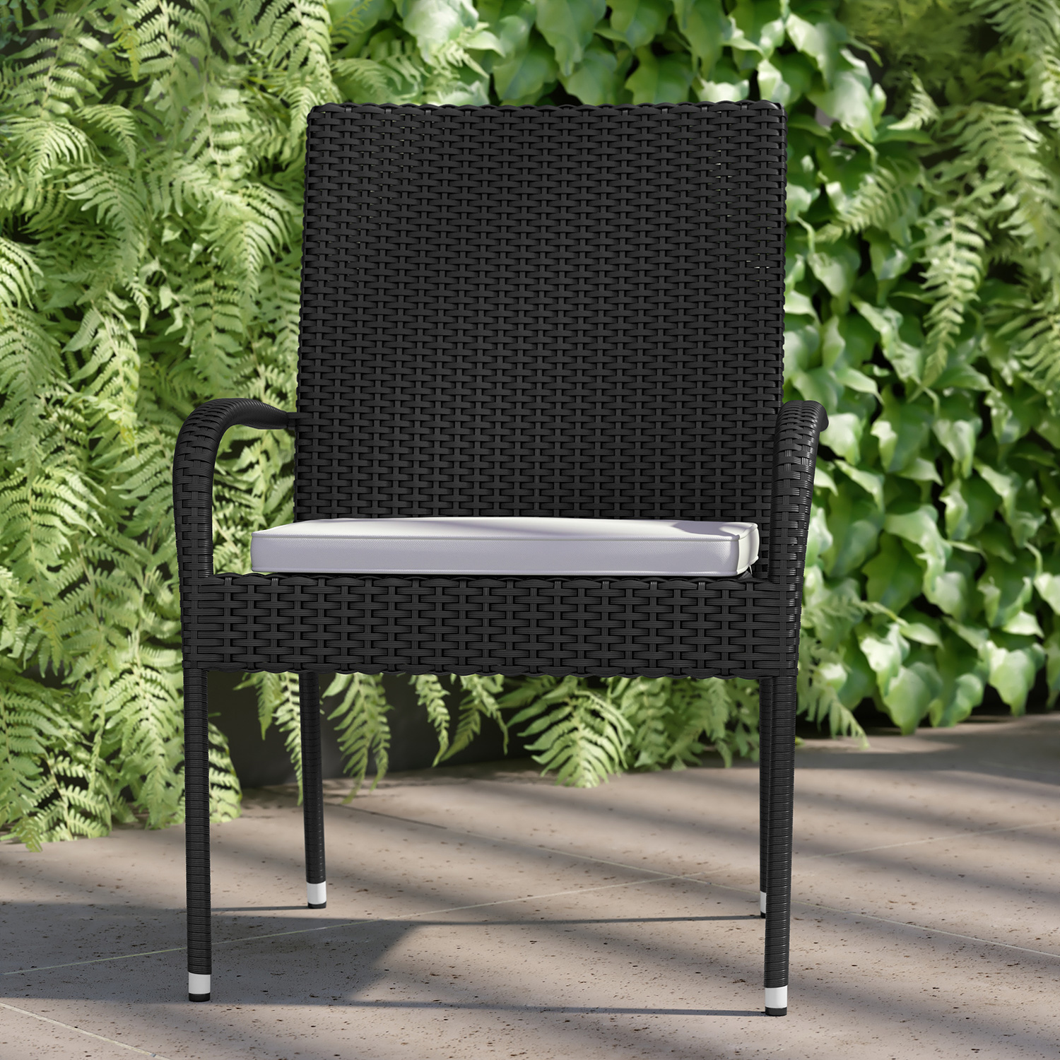 BLNK Maxim Stackable Indoor-Outdoor Wicker Dining Chairs with Cream Seat Cushions Set of 2 - Black