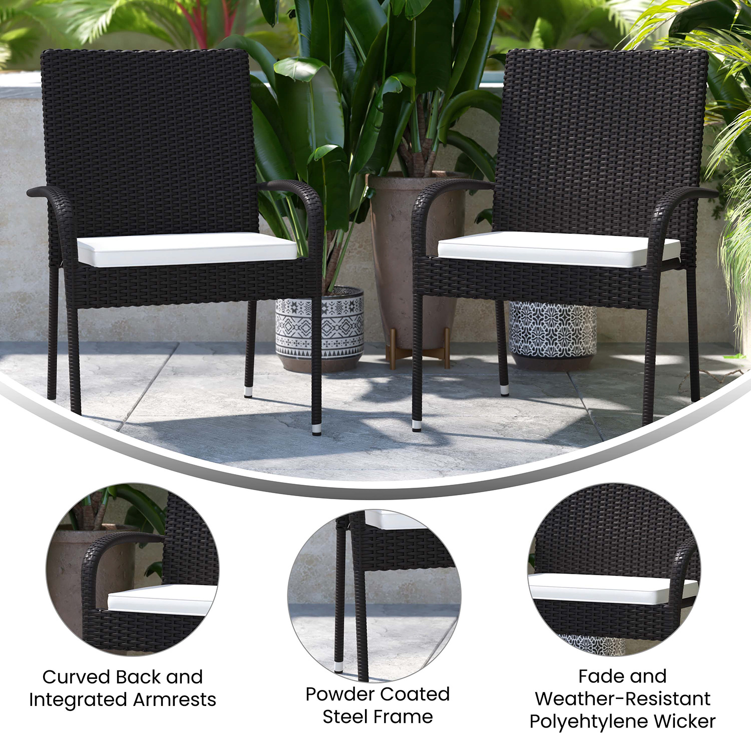 BLNK Maxim Stackable Indoor-Outdoor Wicker Dining Chairs with Cream Seat Cushions Set of 2 - Black