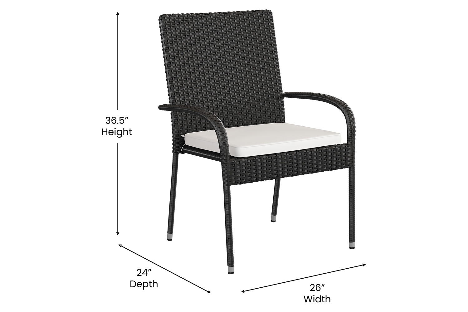 BLNK Maxim Stackable Indoor-Outdoor Wicker Dining Chairs with Cream Seat Cushions Set of 2 - Black