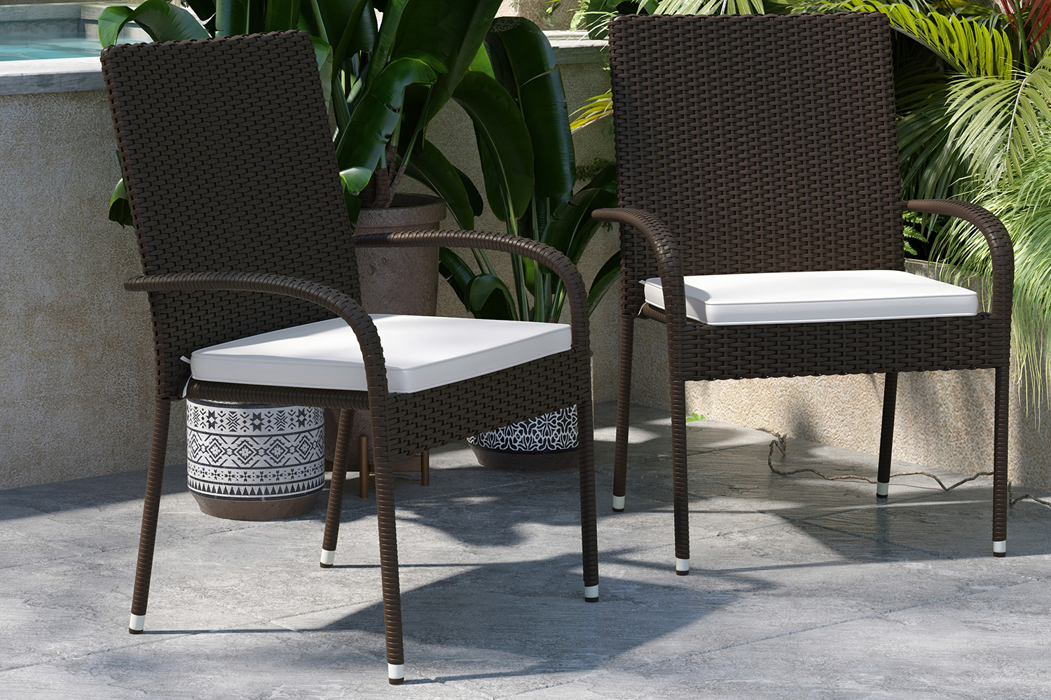 BLNK Maxim Stackable Indoor-Outdoor Wicker Dining Chairs with Cream Seat Cushions Set of 2