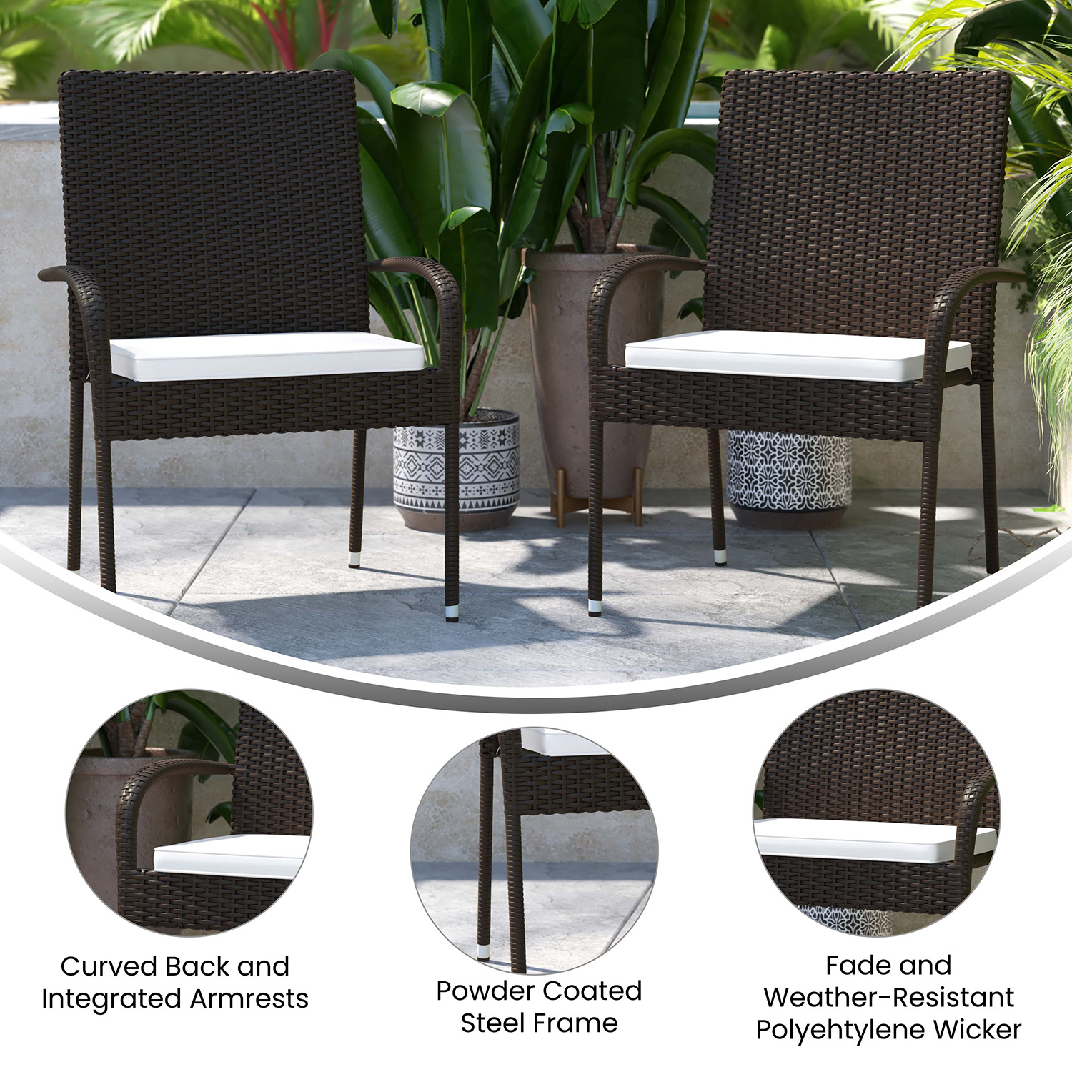 BLNK Maxim Stackable Indoor-Outdoor Wicker Dining Chairs with Cream Seat Cushions Set of 2 - Espresso