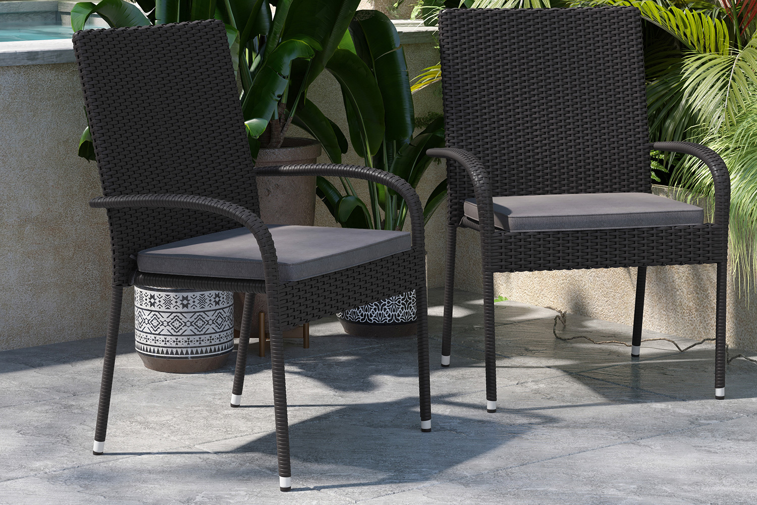 BLNK - Maxim Stackable Indoor-Outdoor Wicker Dining Chairs with Gray Seat Cushions Set of 2