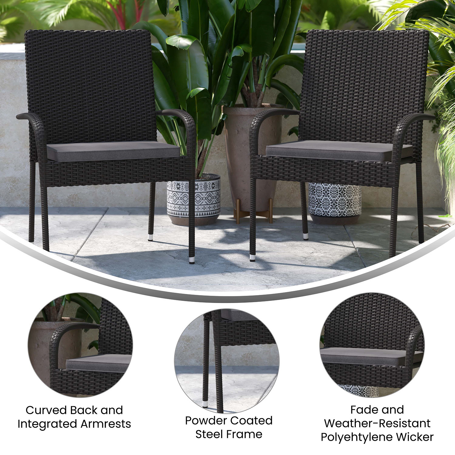 BLNK - Maxim Stackable Indoor-Outdoor Wicker Dining Chairs with Gray Seat Cushions Set of 2