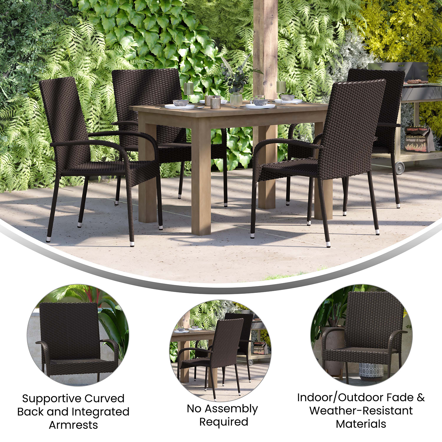 BLNK Maxim Stackable Indoor-Outdoor Wicker Dining Chairs with Arms Set of 2 - Espresso