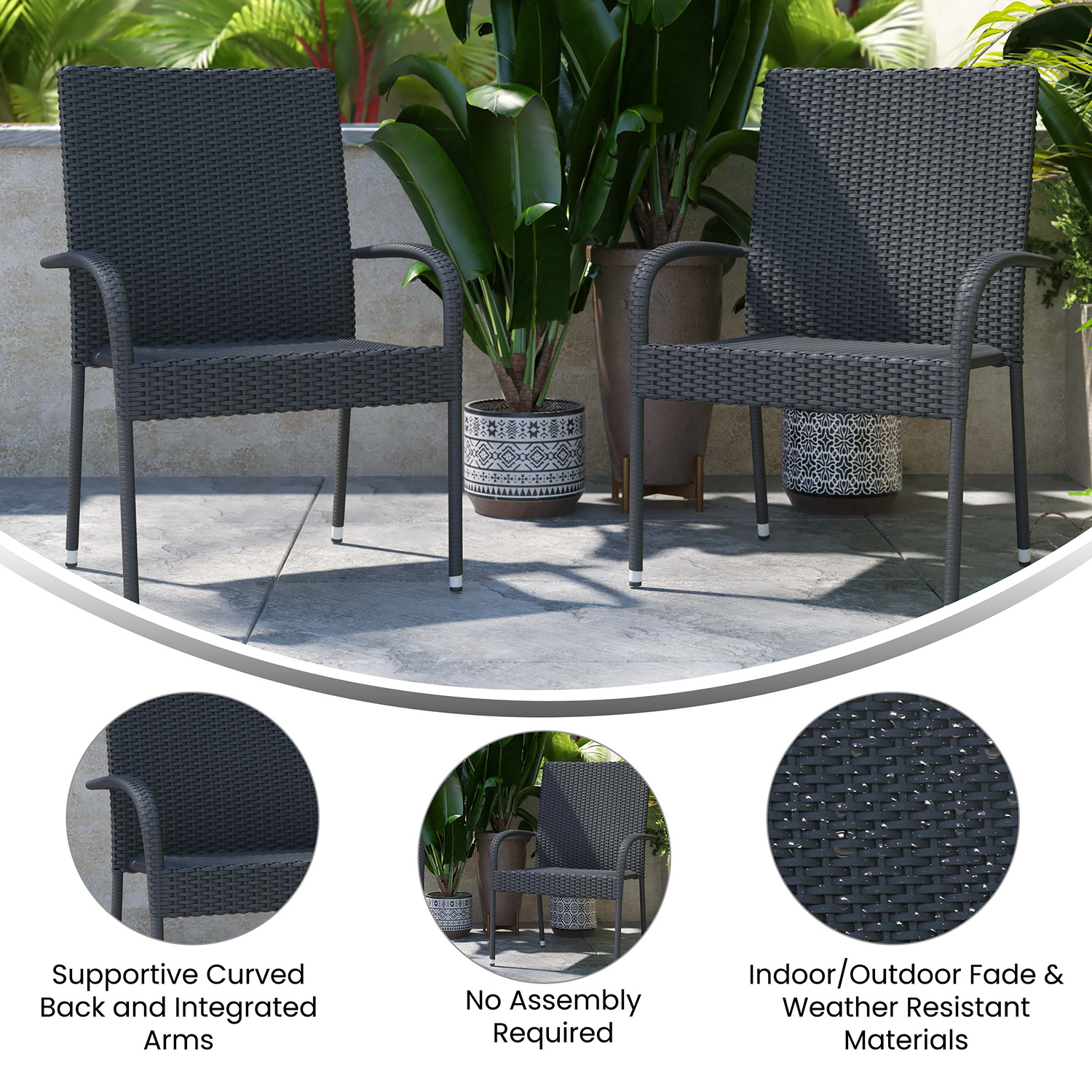 BLNK Maxim Stackable Indoor-Outdoor Wicker Dining Chairs with Arms Set of 2 - Gray