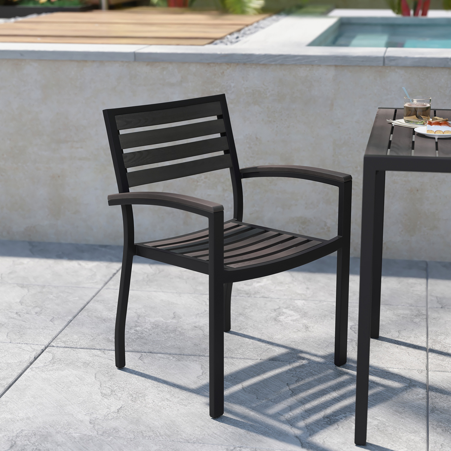 BLNK Lark Commercial Outdoor Black Aluminum Stackable Faux Side Patio Chairs Set of 2